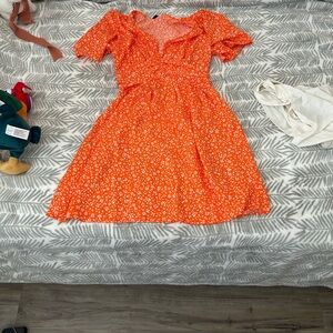 SHEIN Vibrant Orange Dress with White Floral Design